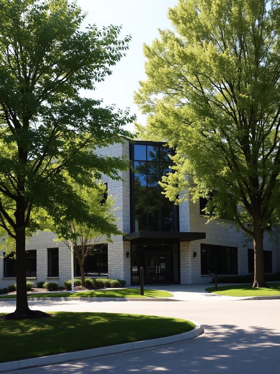 Contemporary suburban private clinic exterior with glass and stone