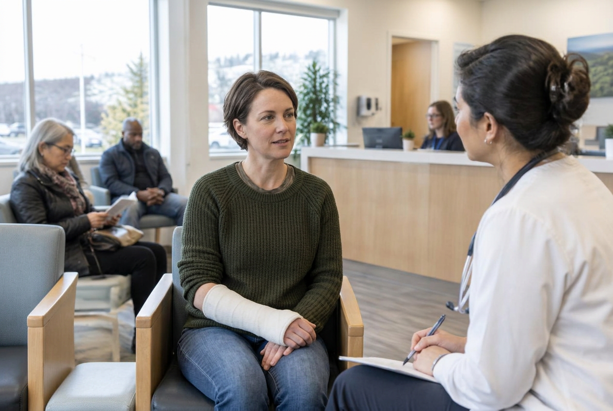An adult white woman with a forearm cast speaking with a healthcare provider in a bright community clinic