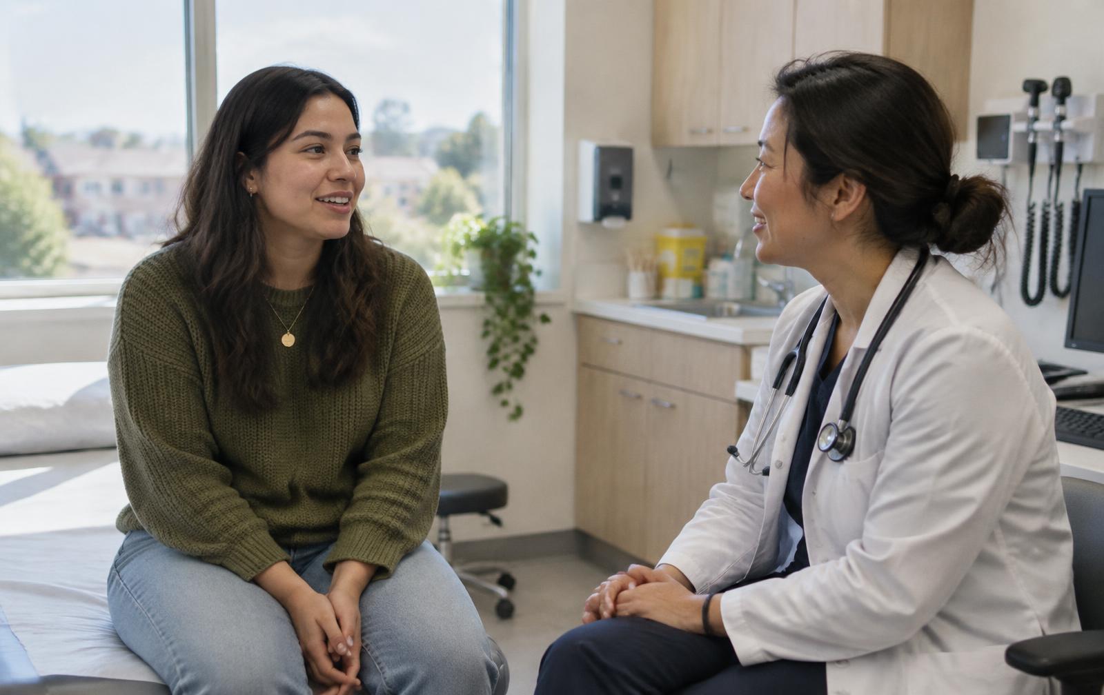 A young adult patient speaking with a healthcare provider in a daylit clinic room
