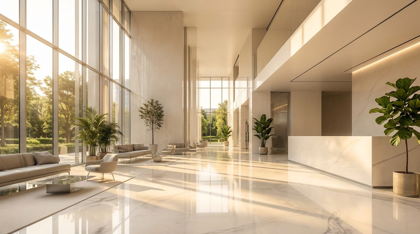 Contemporary glass and stone private clinic lobby in cool daylight